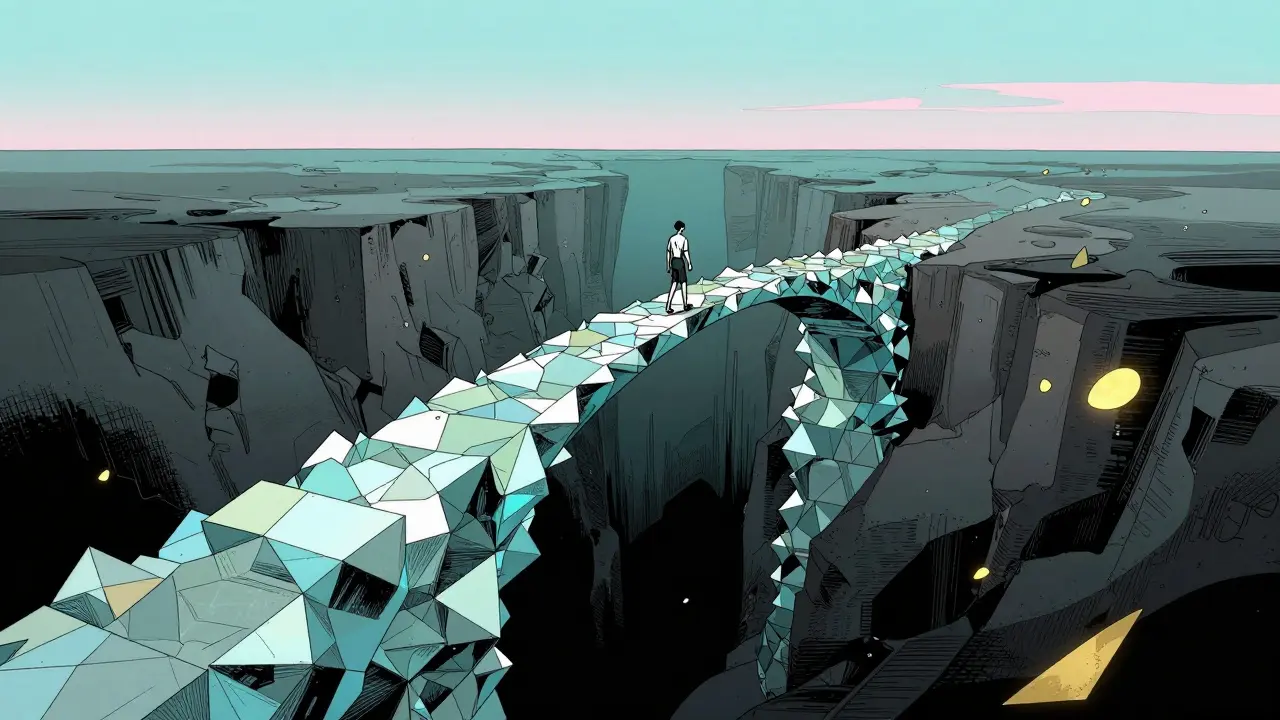 Krystalový most symbolizující cestu z traumatu zpět k normálnímu životu.