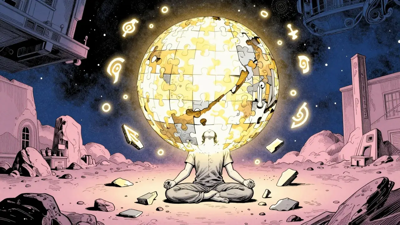 Meditující osoba obklopená plujícími symboly, představující proces integrace poznatků během přestávky.