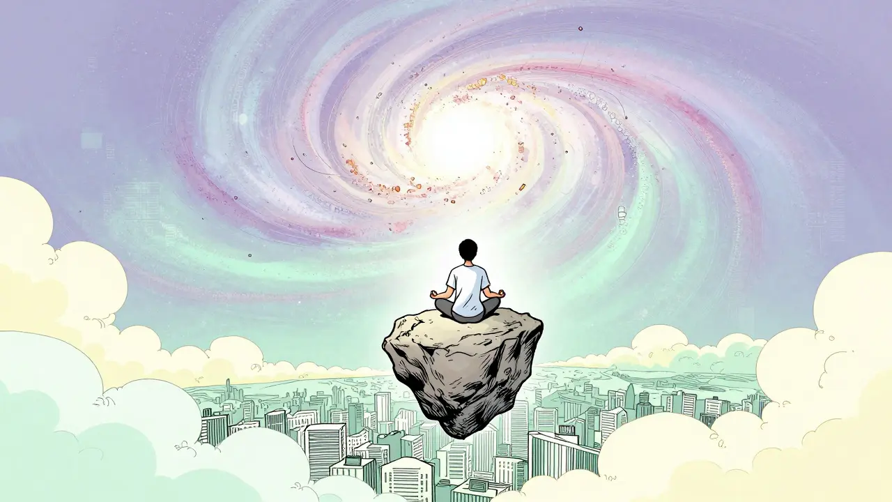 Meditující osoba vznášející se nad stresujícím městem.