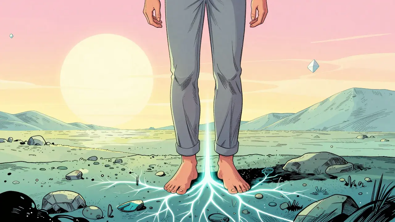 Osoba s bosýma nohama pevně stående na zemi, symbolizující vnitřní stabilitu.