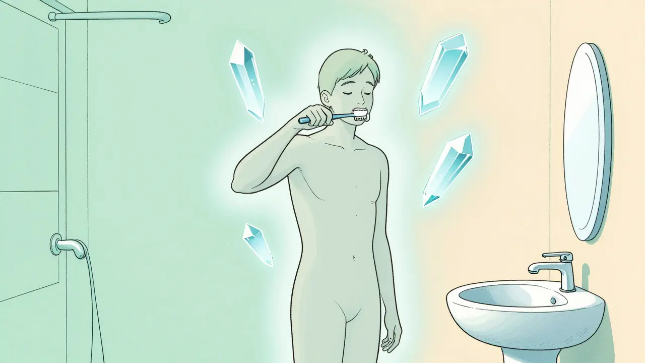 Osoba v minimalistickém koupelně praktikující všímavost při čištění zubů.