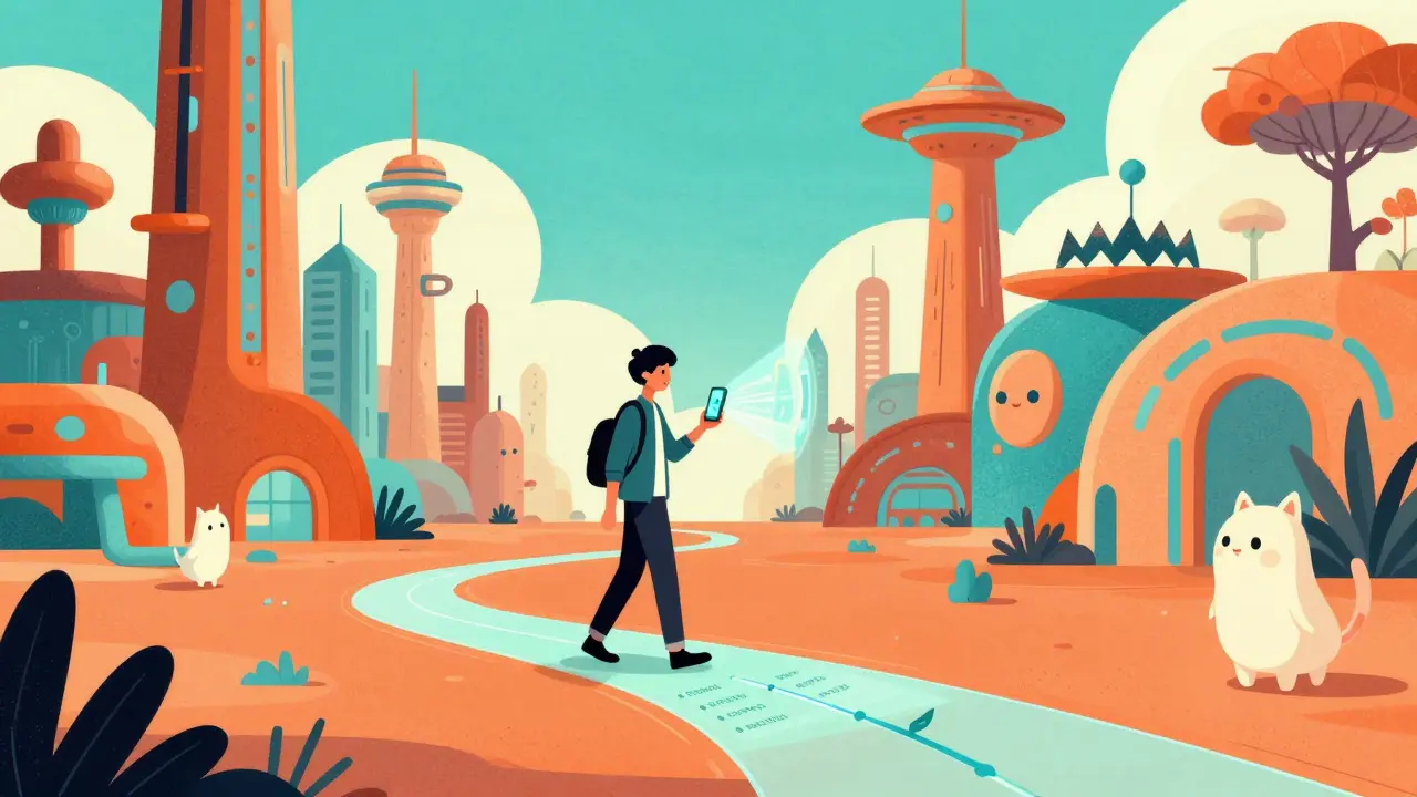 Osoba v surrealistickém městě využívající digitální průvodce pro psychickou podporu.