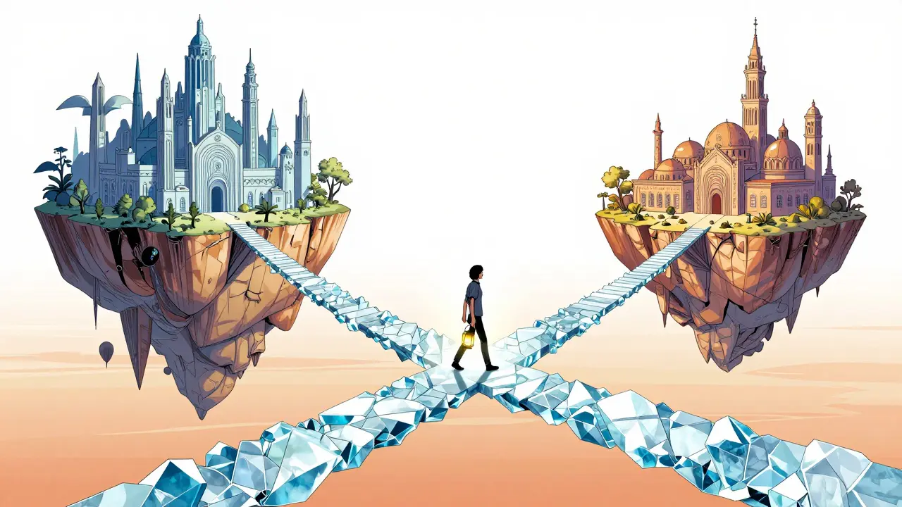 Postava přecházející po světelném mostě mezi dvěma ostrovy, symbolizující samostatnost a růst.