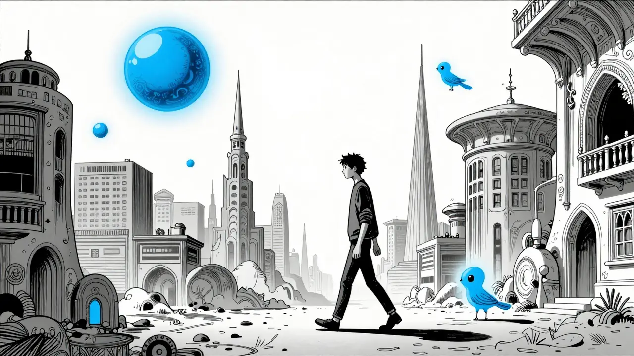 Postava v surrealistickém městě hledající modré předměty pro ukotvení pozornosti.