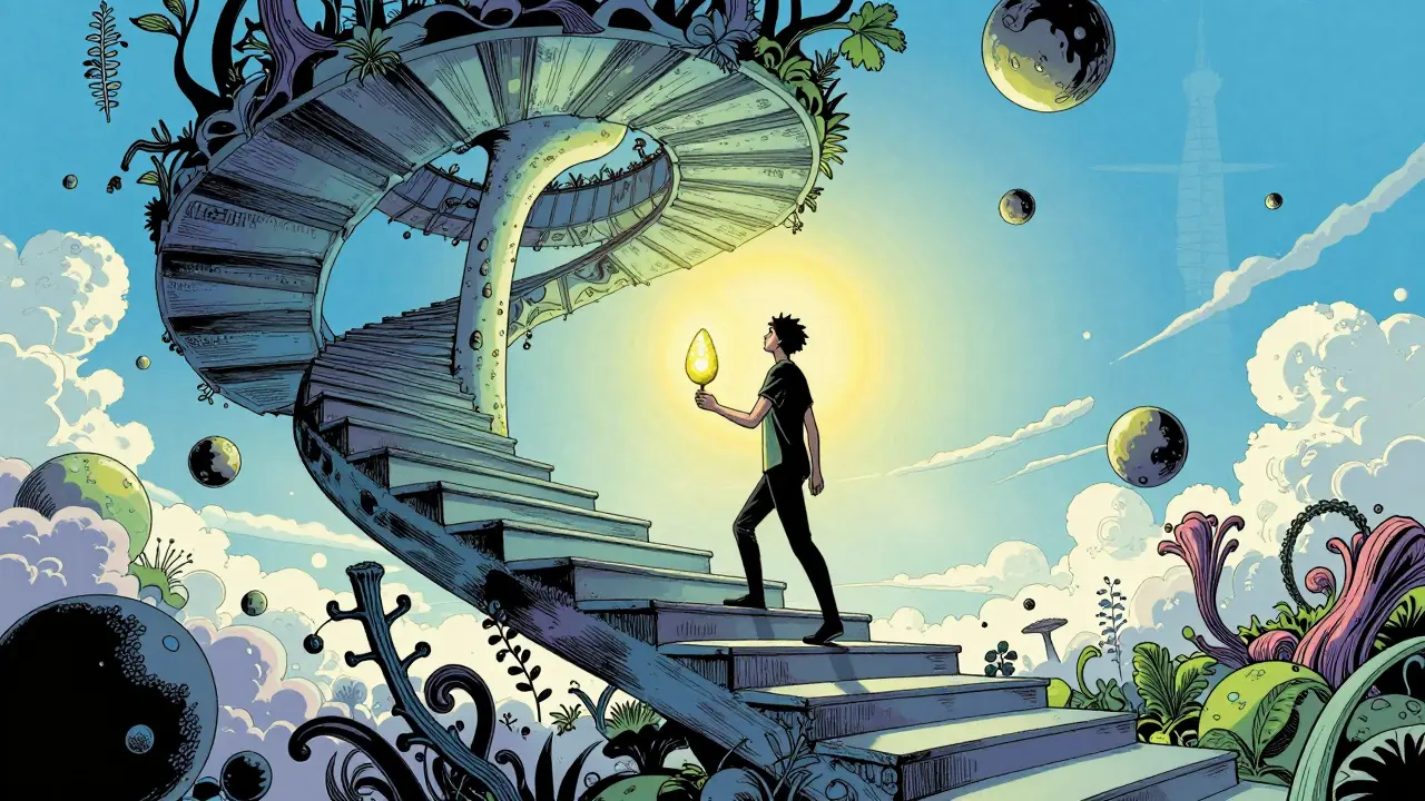 Postava vystupující po spirálovém schodišti vzhůru k jasnému horizontu.