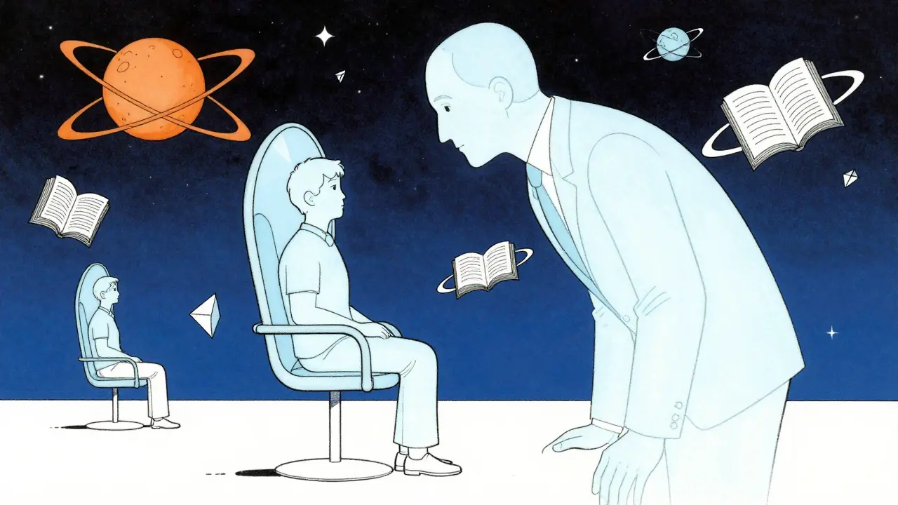 Psychoterapeut a jeho supervizor v kosmickém, minimalistickém prostředí.