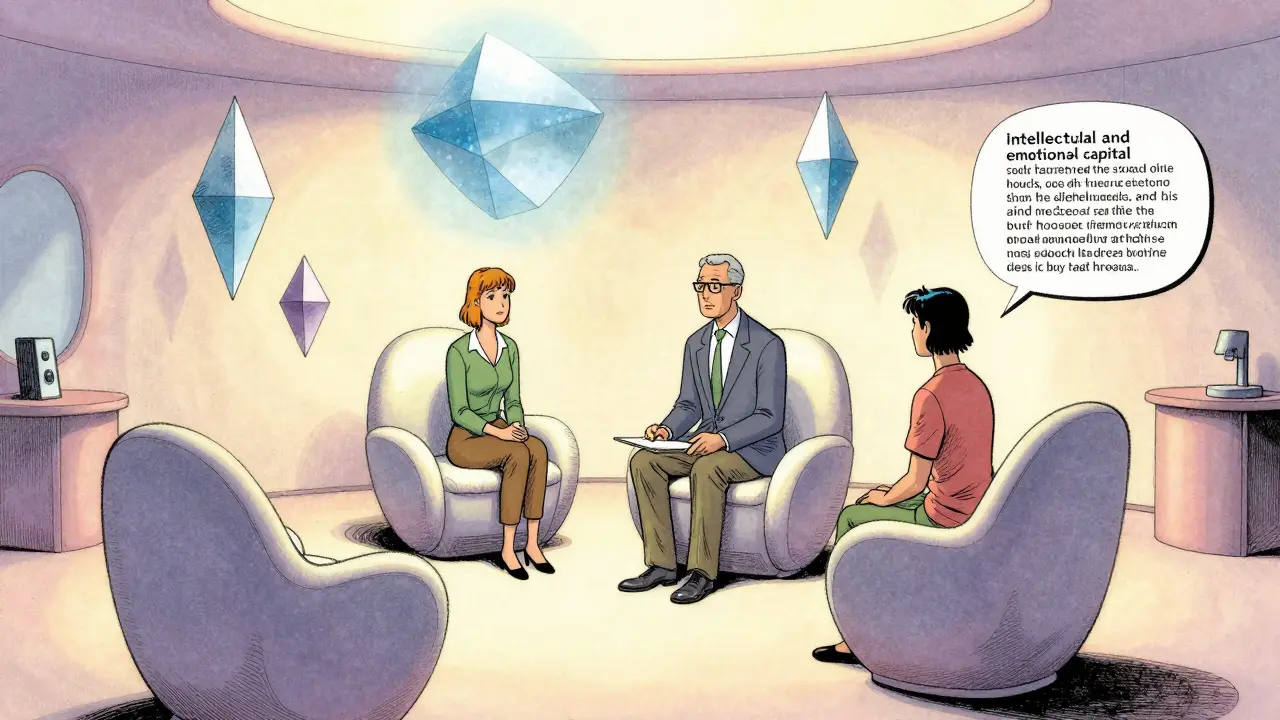 Psychoterapeut a klient v surrealistické, klidné kanceláři s geometrickými tvary.