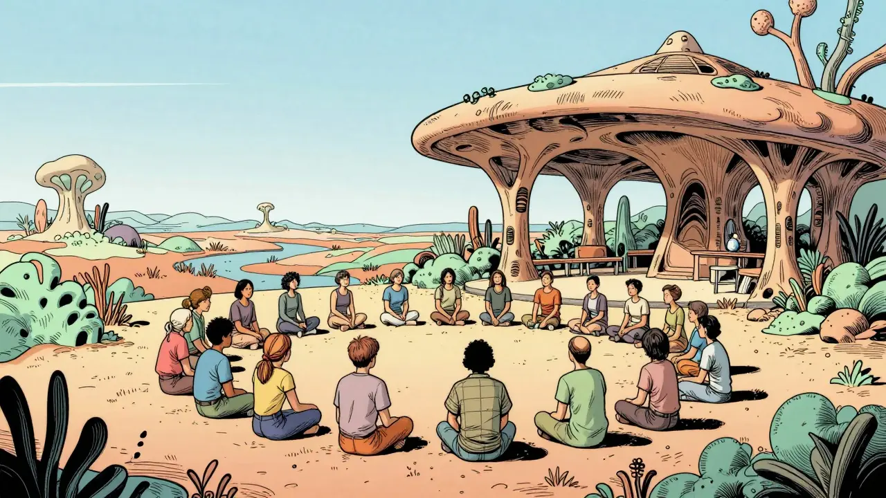 Skupina lidí v terapeutické komunitě v surrealistické krajině.