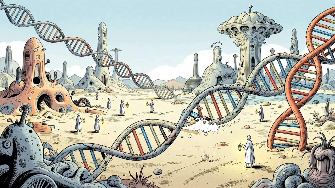 Snová krajina s DNA helixy představující genetické mutace a výzkum PAS.