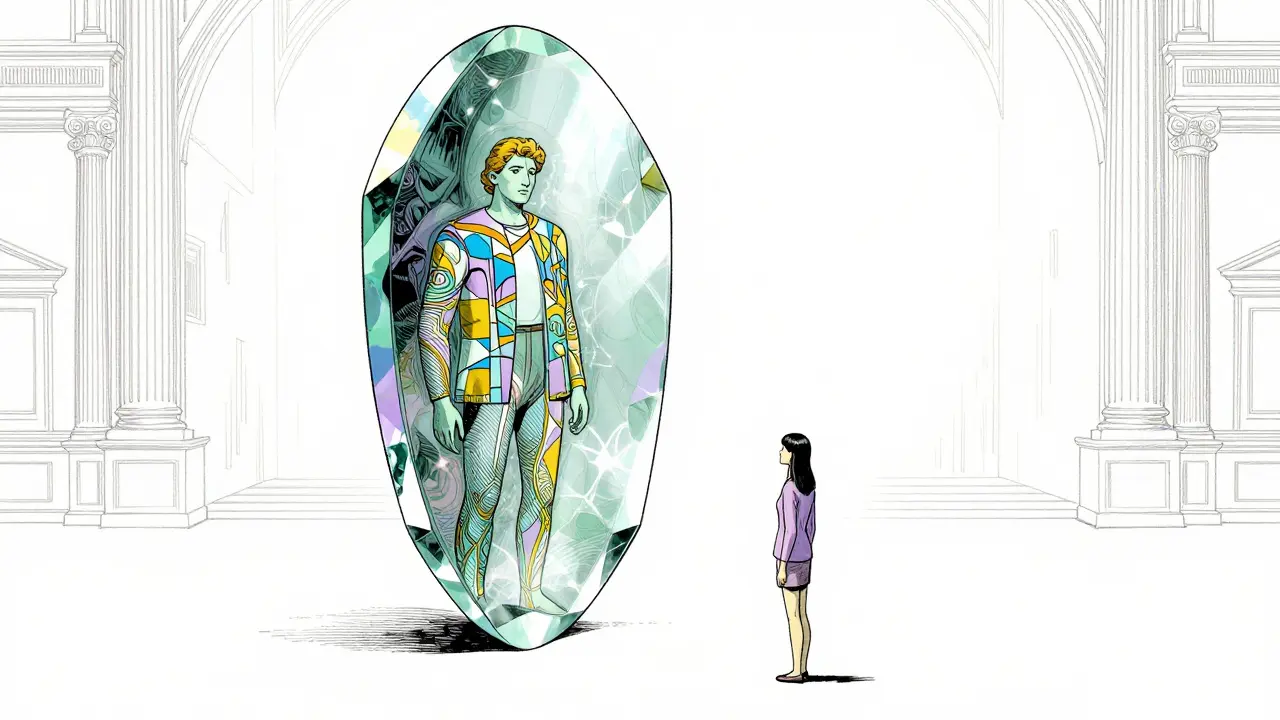 Surrealní znázornění protipřenosu terapeuta pomocí zrcadlového krystalu.