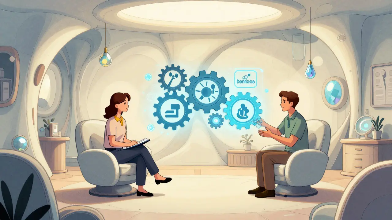 Terapeut a klient pracující s plovoucími symboly myšlenek a emocí v futuristické místnosti.