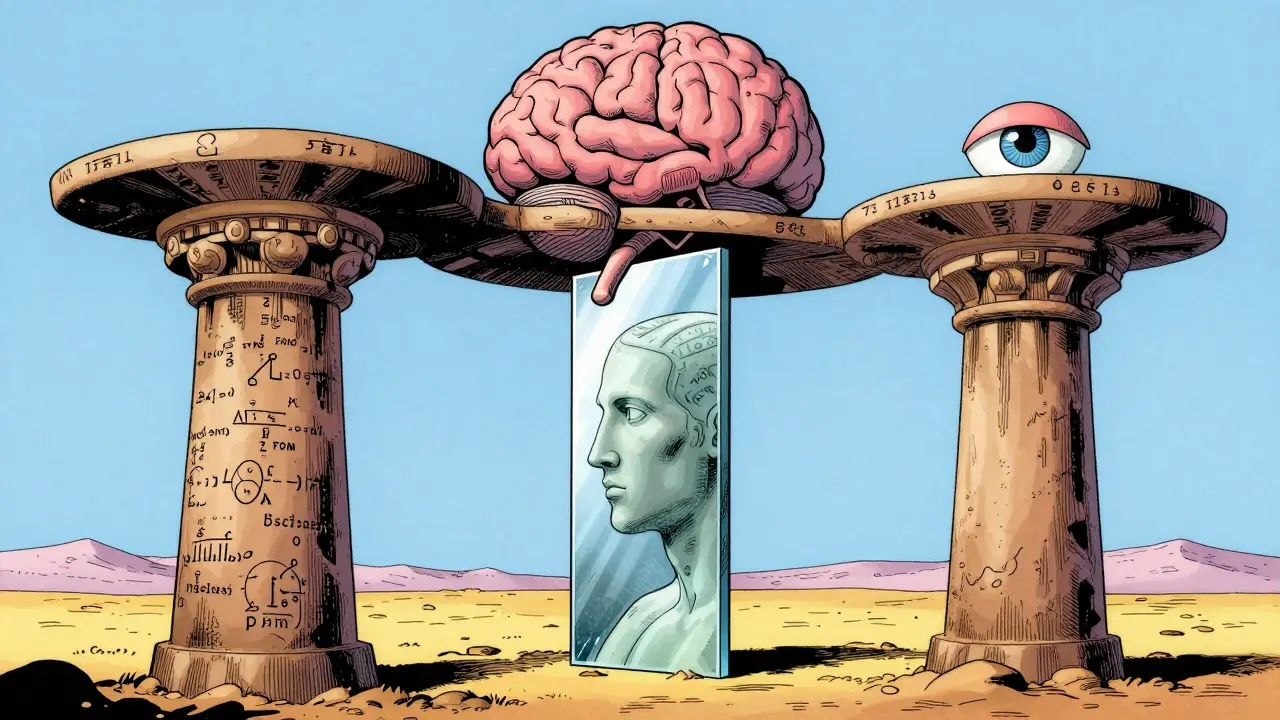 Tři surrealistické sloupy představující teorii, sebezkušenost a supervizi.