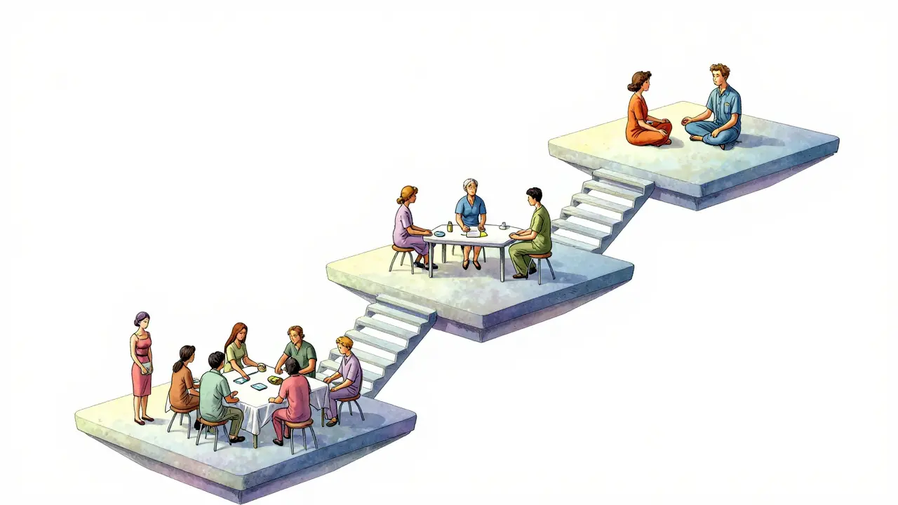 Třístupňový model psychoterapeutické péče jako vznášející se schody.