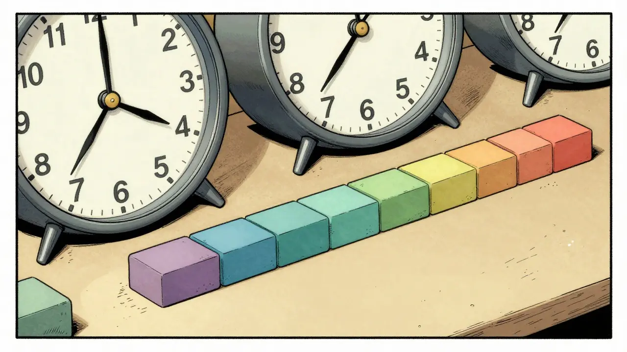 Vizualizace analógových hodin a časových bloků na stole.