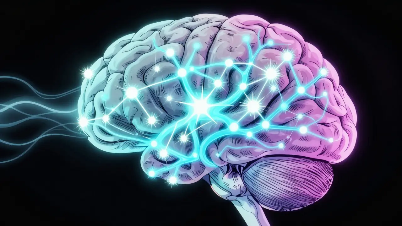 Abstraktní zobrazení neuronové sítě mozku, kde mindfulness uklidňuje nadměrně aktivní oblasti.