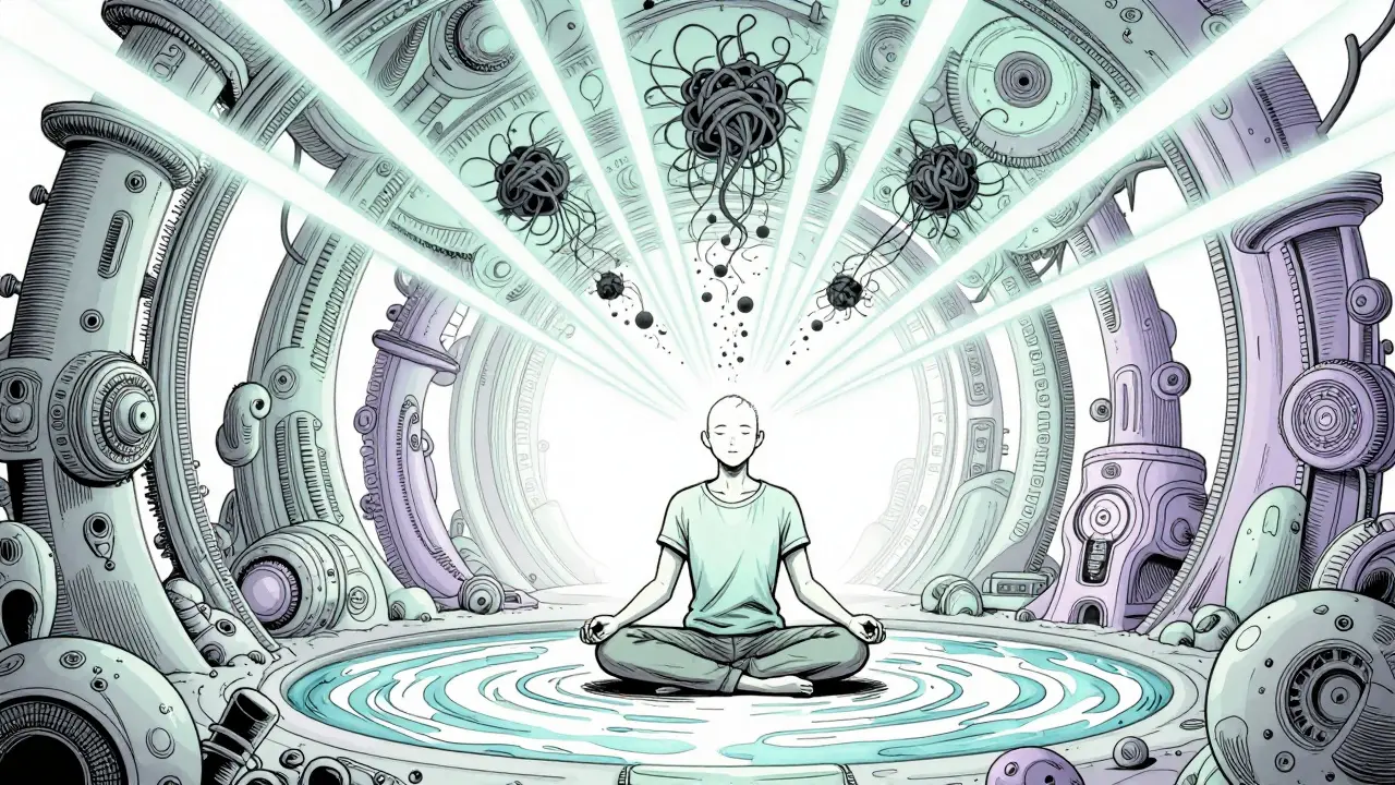 Klidná scéna meditace a duševní jasnosti rozptylující temné myšlenky.