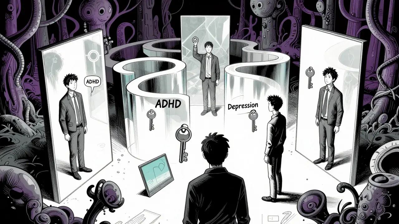 Labyrint zrcadel ukazující zaměňování příznaků ADHD a deprese