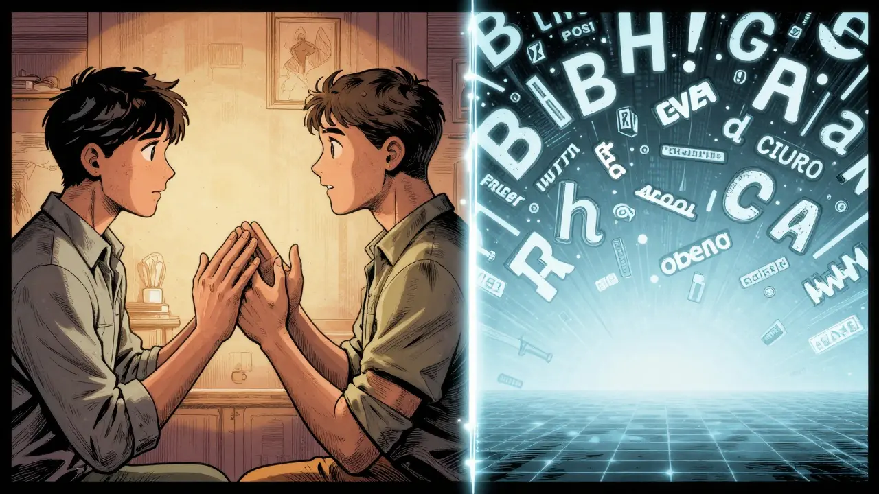 Porovnání osobního setkání a textové komunikace v komiksovém stylu Moebiusa.