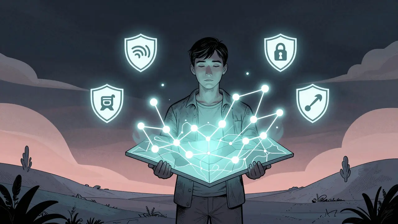 Postava drží zářící mapu s symboly podpory a bezpečí ve stylu komiksu