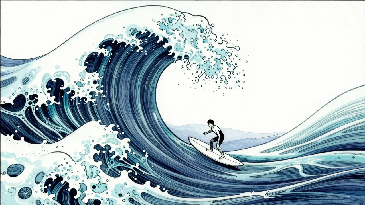 Stylizovaný surfer ježdící na vlně tvořené z mozkových drah v surreálním oceánu.