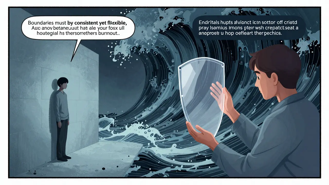 Terapeut drží flexibilní štít proti emočnímu tsunami