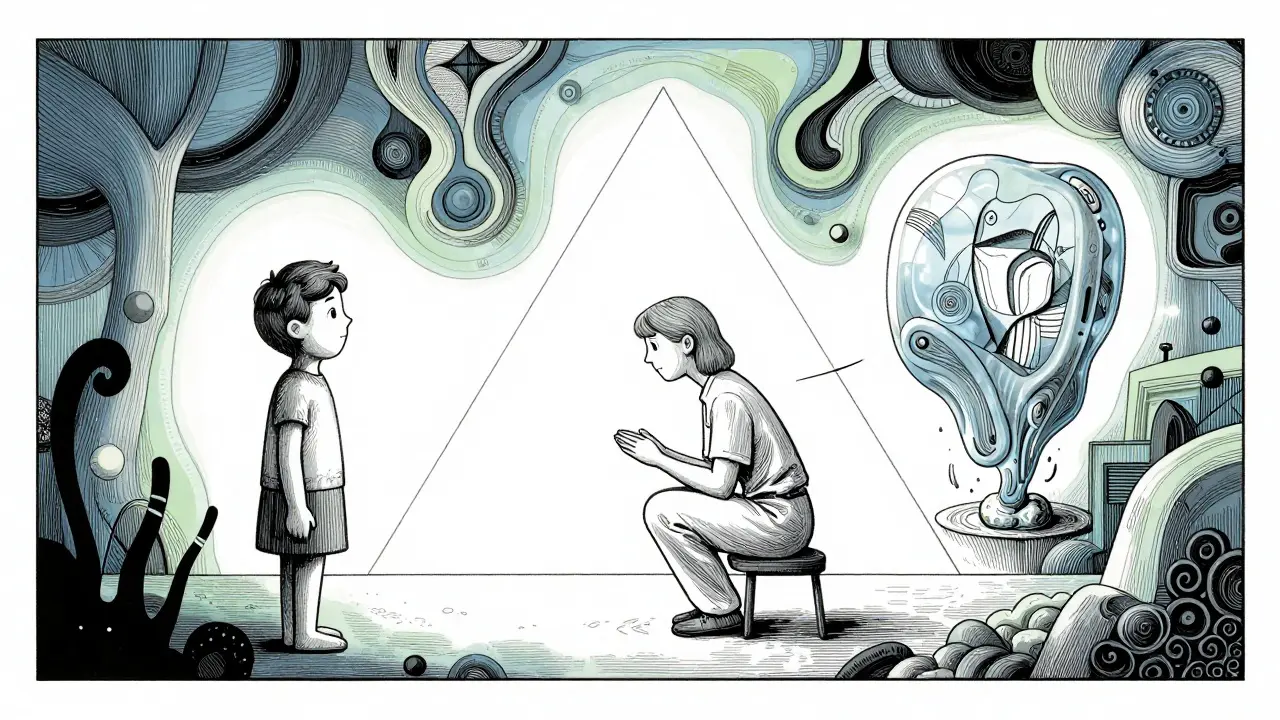 Abstraktní ilustrace terapeutického trojúhelníku: dítě, dílo a terapeut v surreálním prostředí