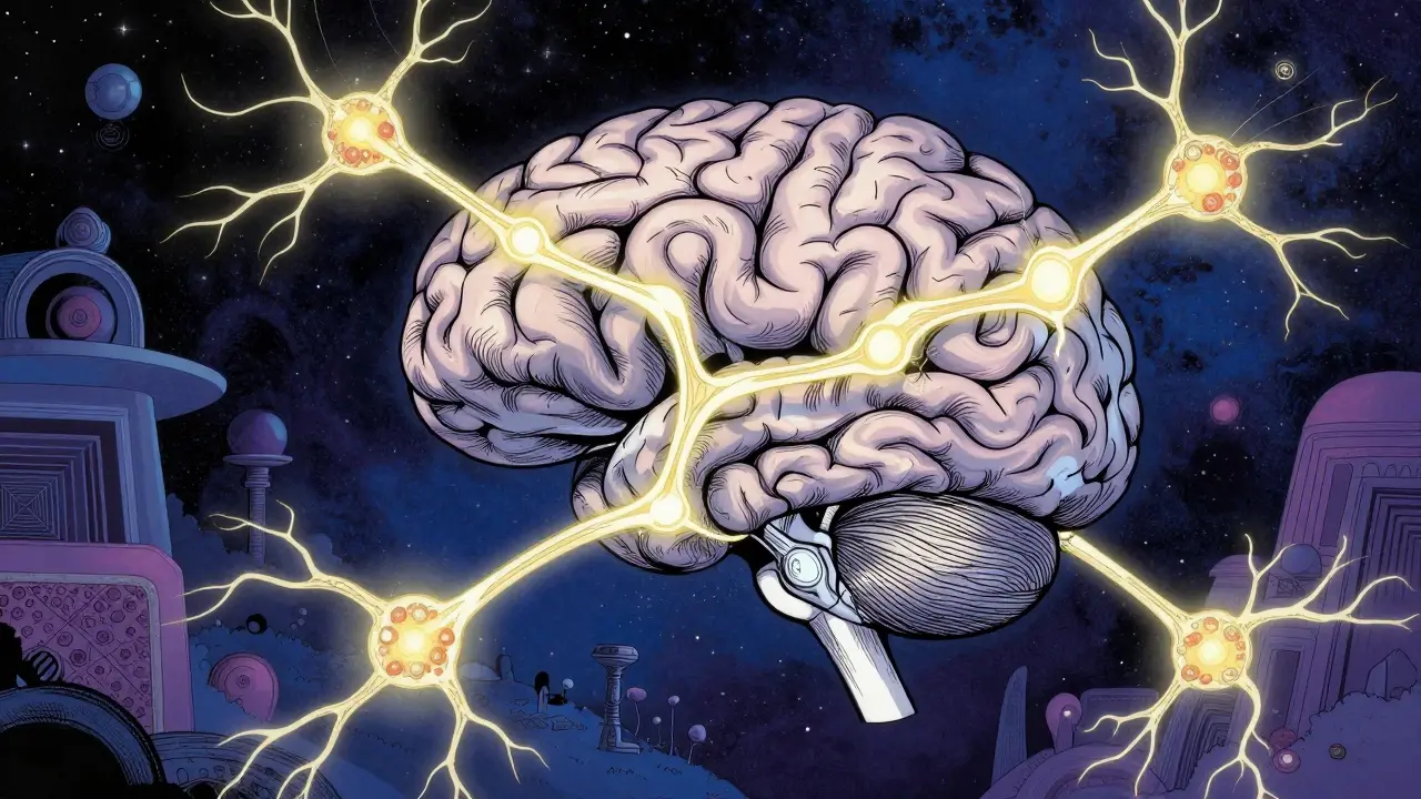 Abstraktní mozek s rozsvícenými neuronovými spojeními