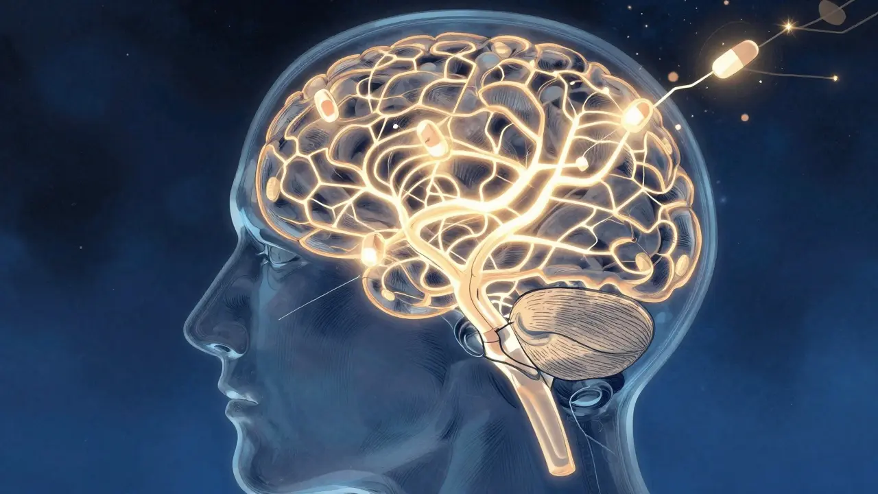 Abstraktní pohled na mozek s léky uklidňujícími neurony