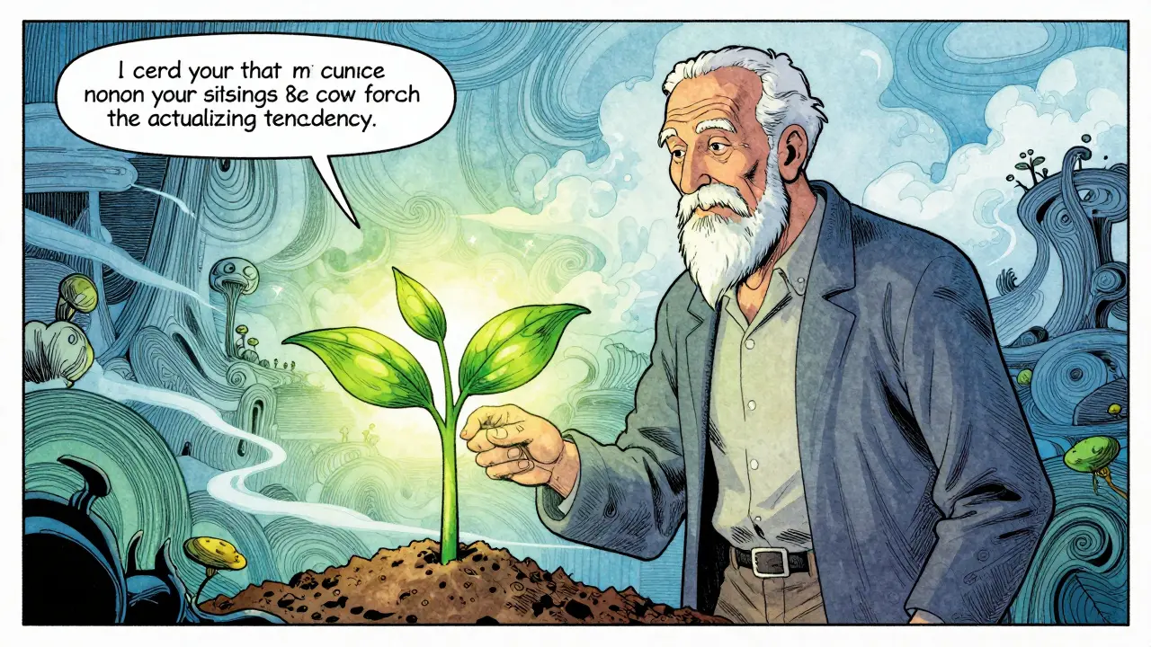 Carl Rogers vedle rostoucího semene symbolizujícího růst