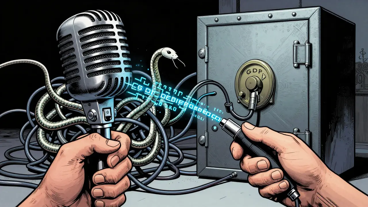 Hand holding mic turning into data cables near a safe, Moebius art