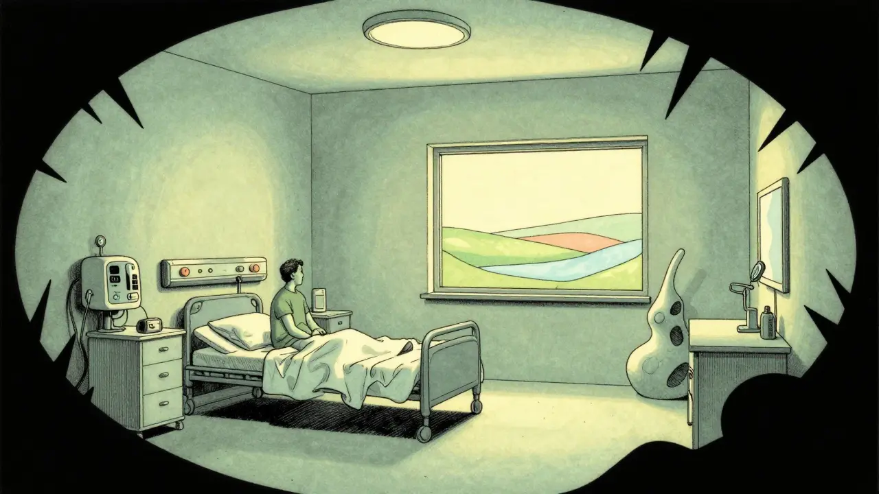 Komiksová scéna psychiatrického oddělení jako bezpečného útočiště před chaosem mysli