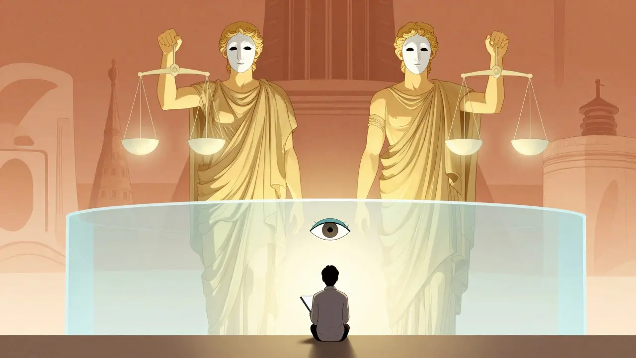 Masked guardians overseeing therapy ethics in Moebius comic style