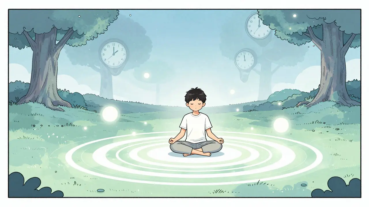 Dítě v meditaci obklopené klidnými kruhy a světlem představujícími soustředění