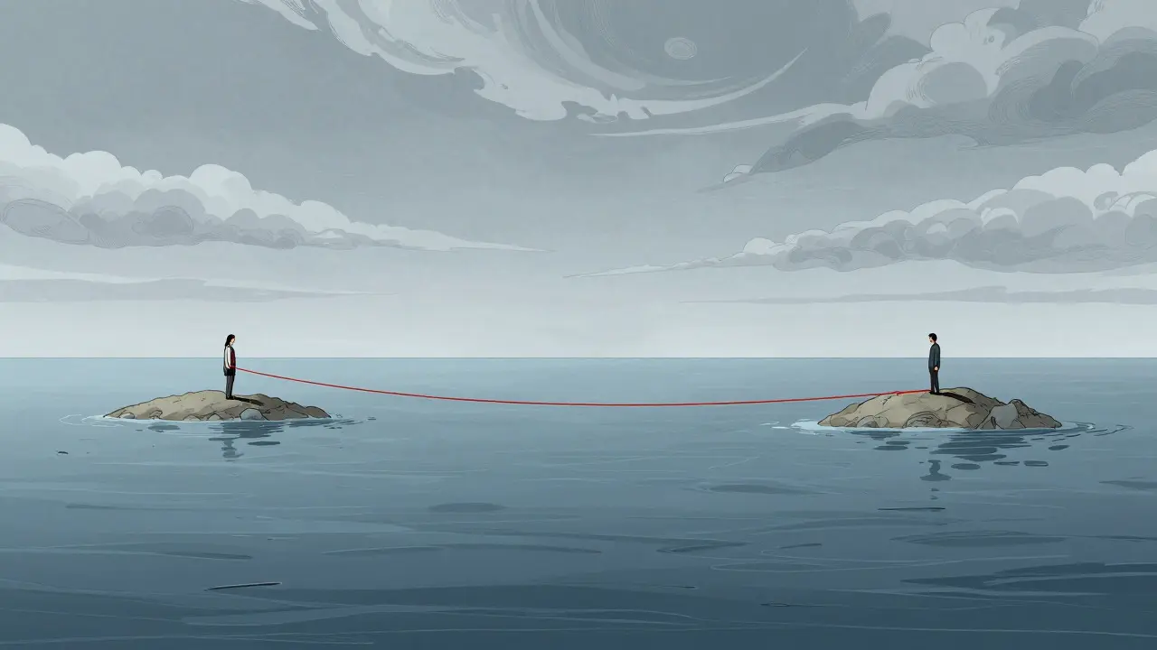 Dva lidé na ostrovech spojené tenkou nití přes oceán