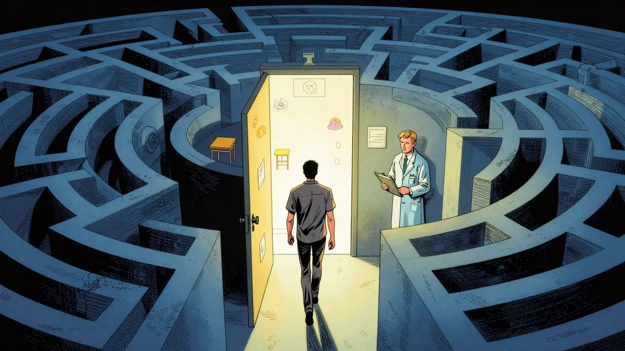 Postava prochází abstraktní bludnicí k psychiatrovi, který drží svítící dokumenty