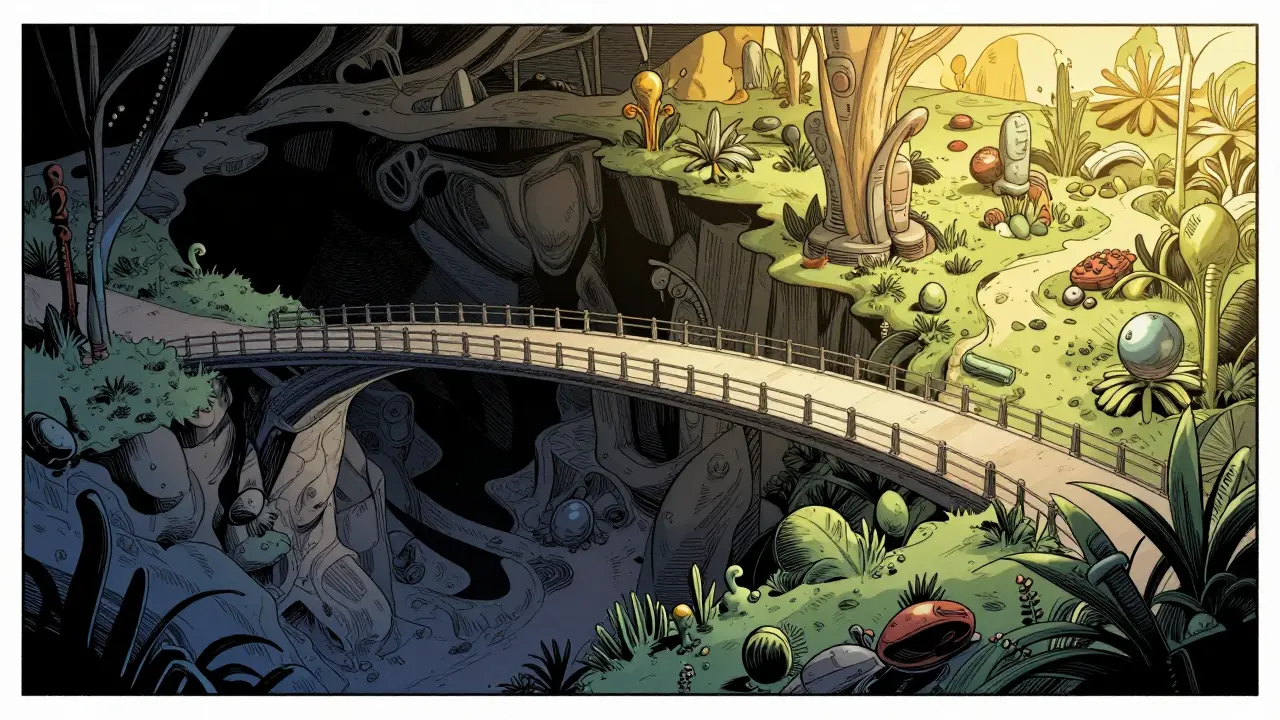 Symbolický most přes propast ztráty k uzdravení, styl Moebius