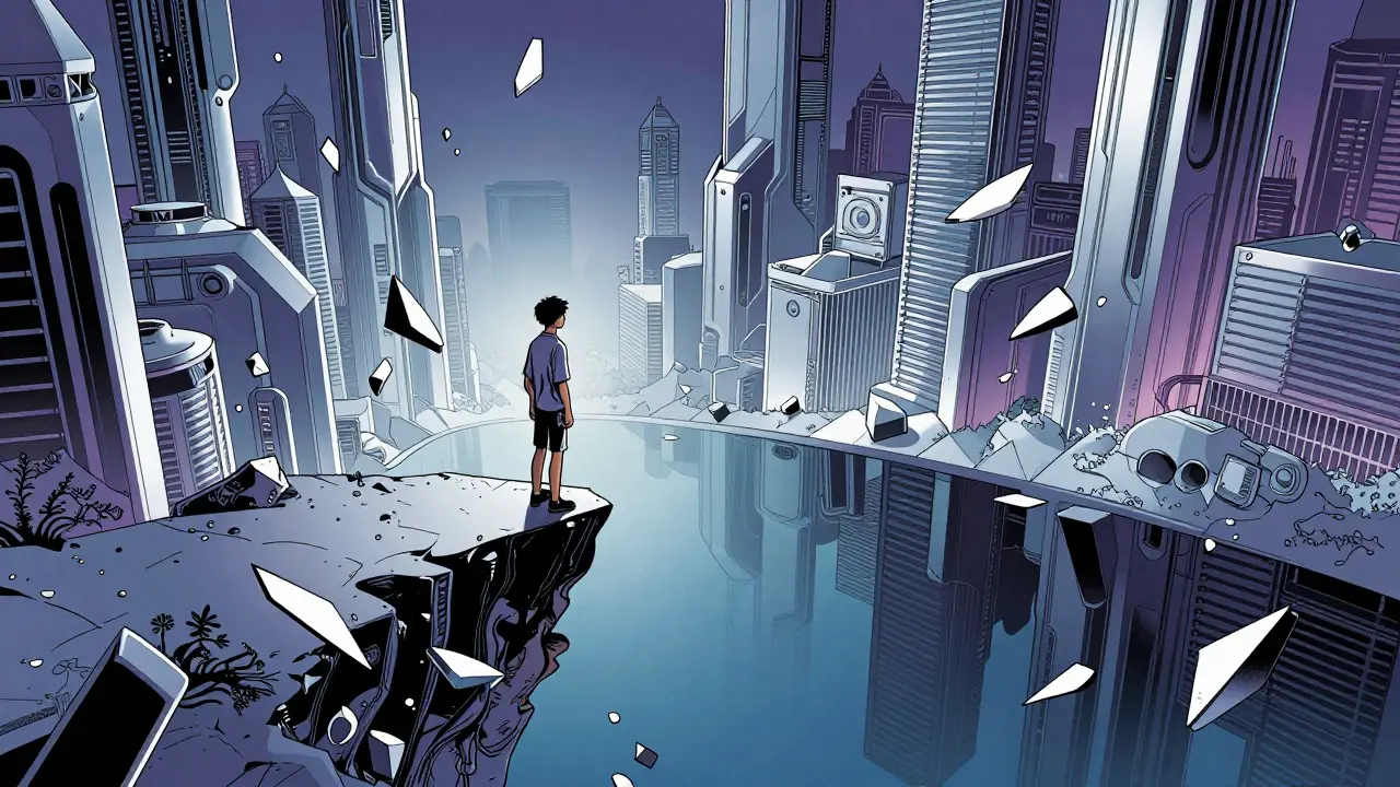Teenager ve futuristickém městě obklopený fragmenty identity
