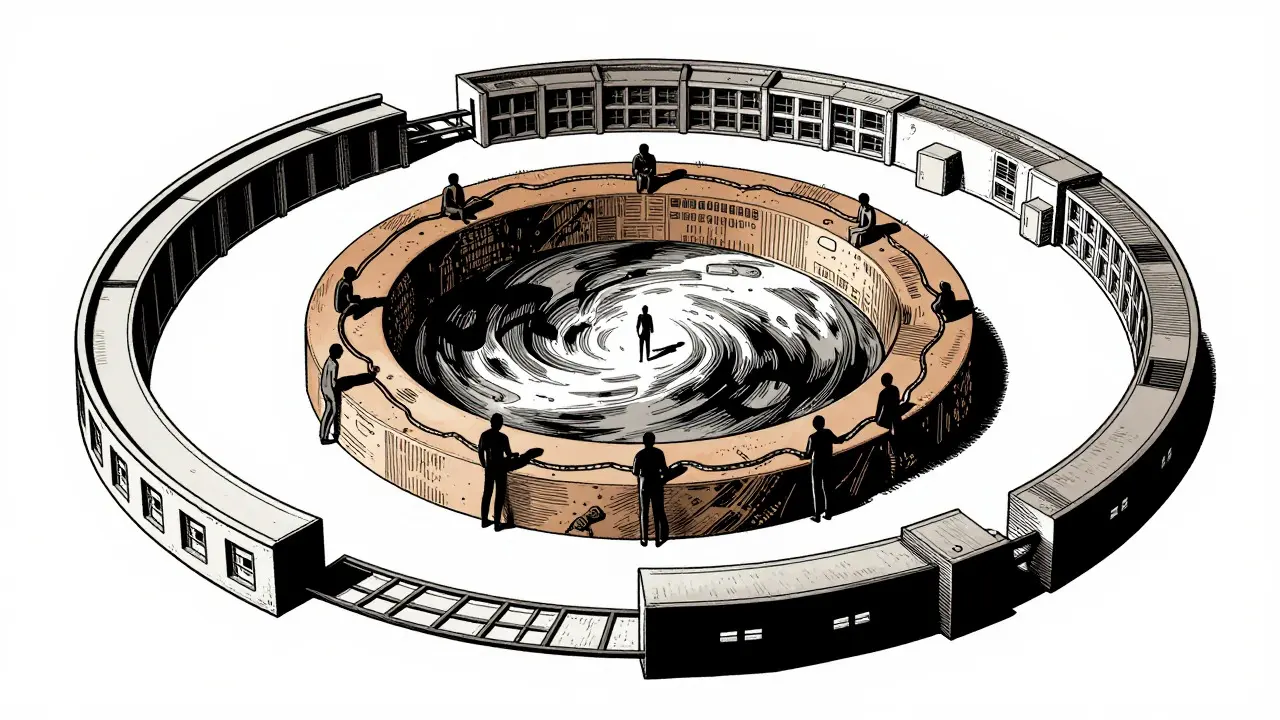 Tři vrstvy terapeutického vztahu zobrazené jako architektonické kruhy