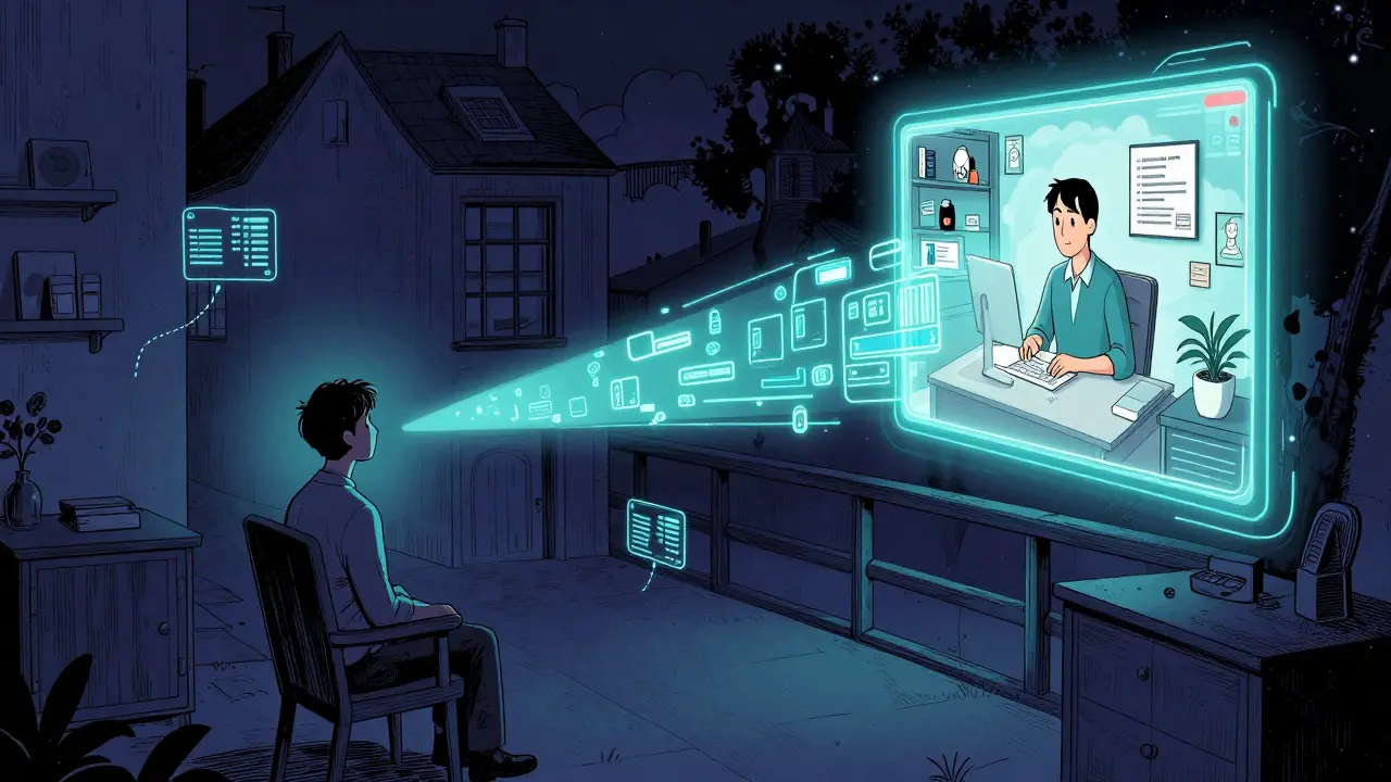 Ilustrace online terapie spojující klienta na vesnici s terapeutem v Praze přes digitální most