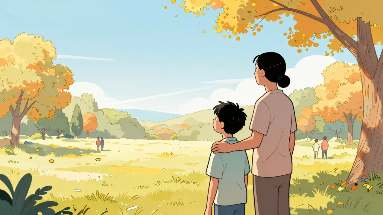 Parent supporting a teenager in a sunny park, looking at the horizon