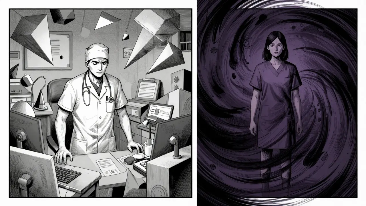 Rozdíl mezi vyhořením a sekundárním traumatem v komiksovém stylu