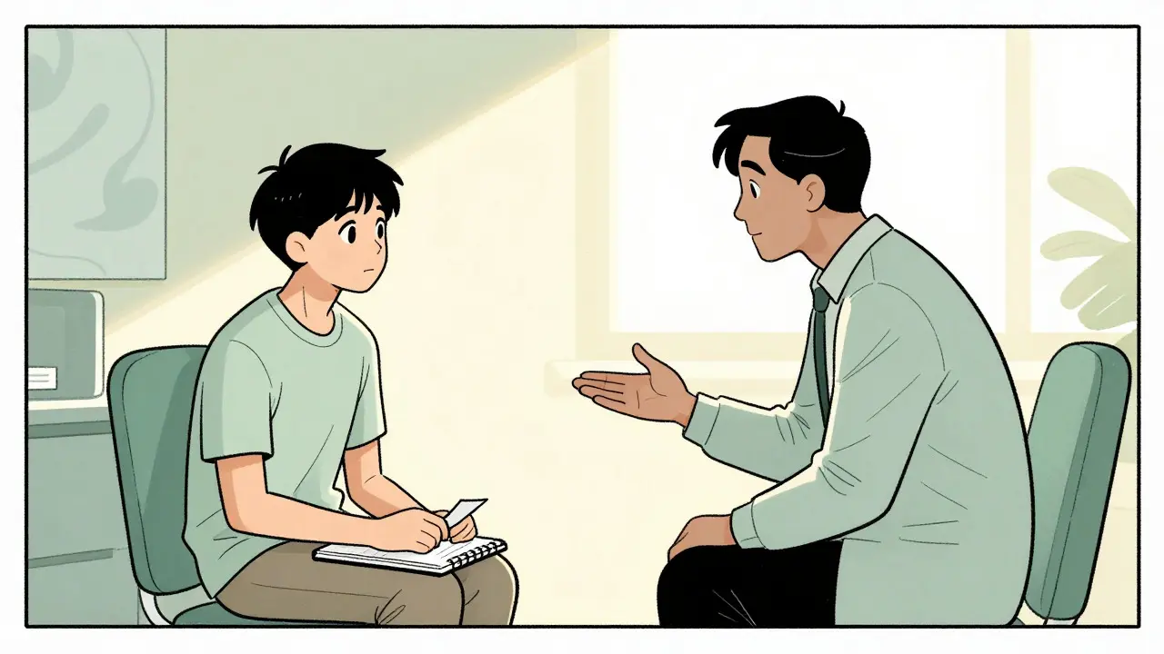 Therapist and teenager talking in a calm, warmly lit office
