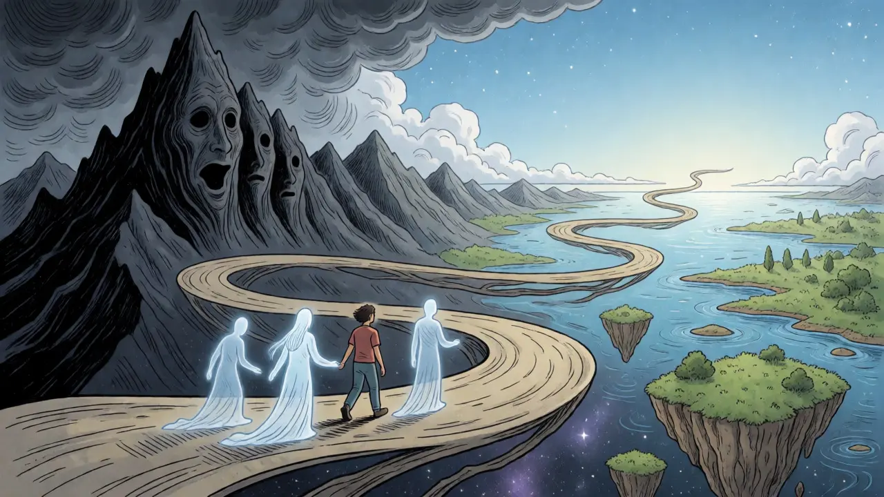Character walking on a floating path away from dark mountains toward a bright, hopeful horizon in space.