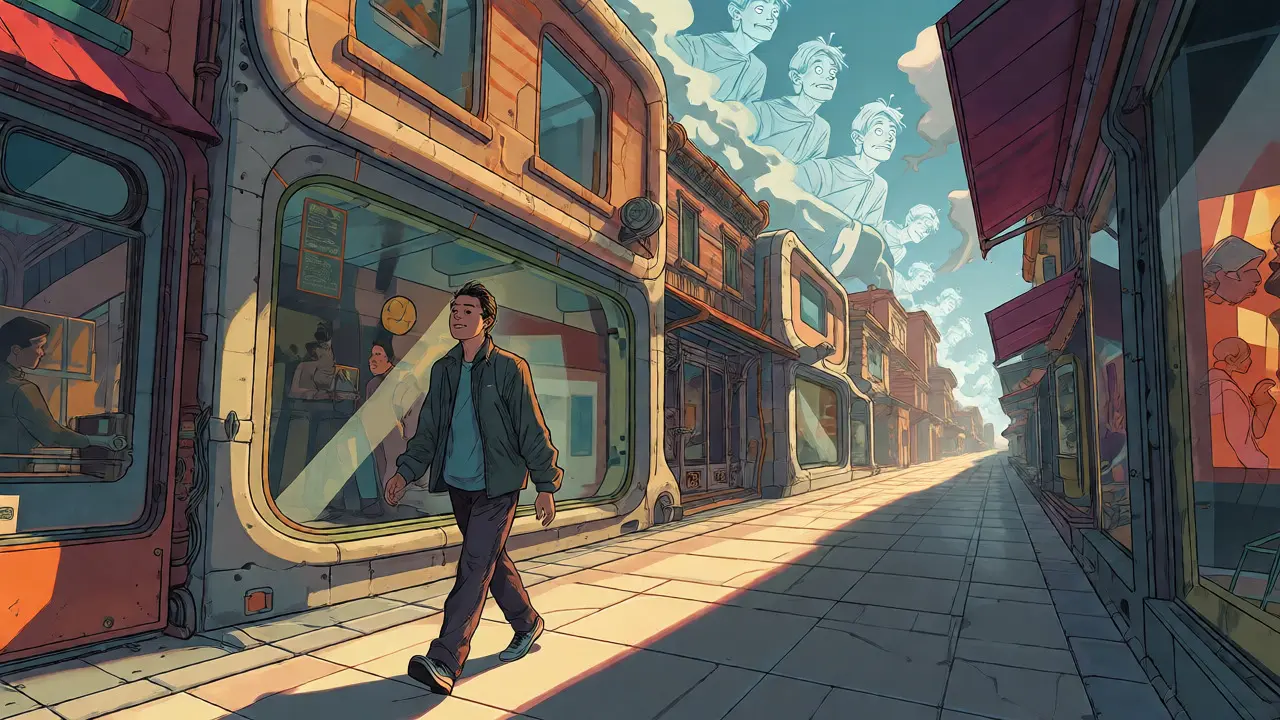 Člověk kráčí městem s úsměvem, zbavený úzkosti, Moebius styl