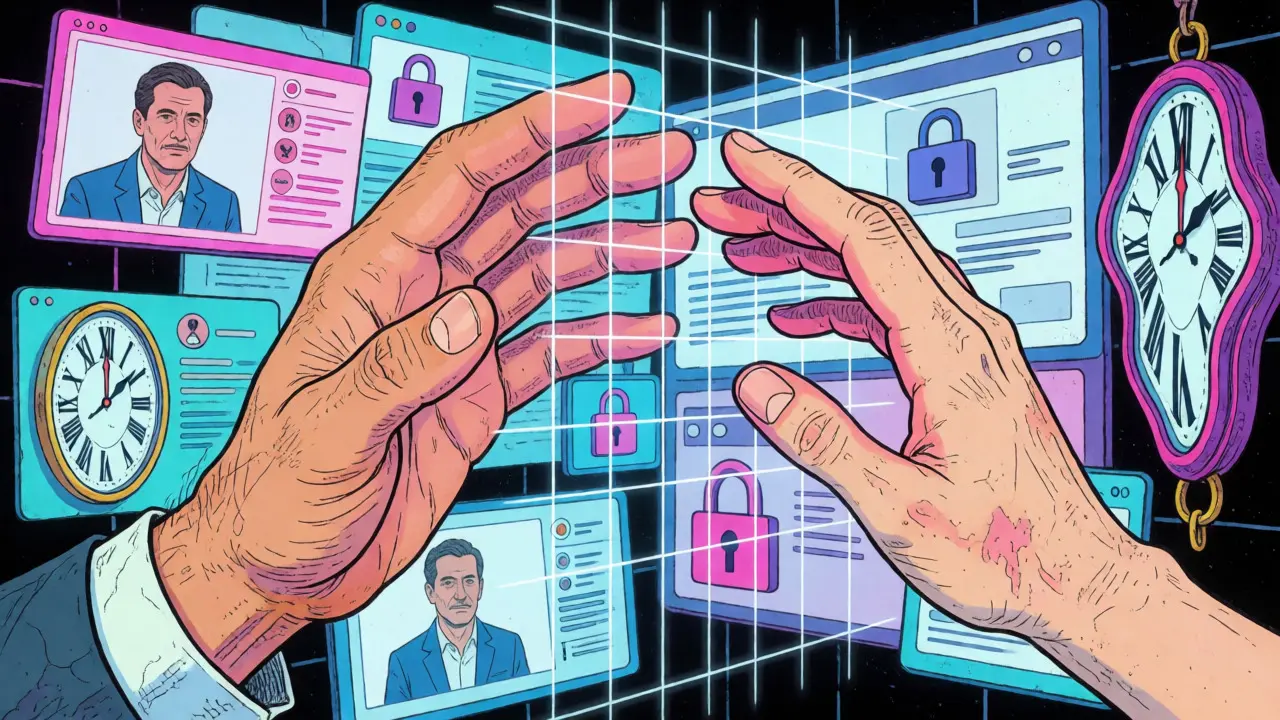 Ruce terapeuta a klienta oddělené digitální mřížkou soukromí a technických hranic.