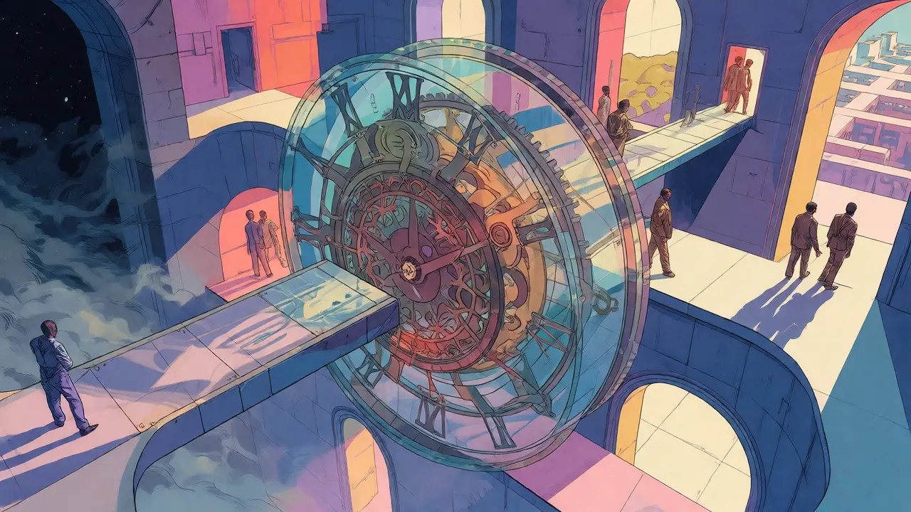 Konceptuální ilustrace čtyř oblastí interpersonální terapie s mechanickými prvky a cestami představujícími změny rolí a konflikty.