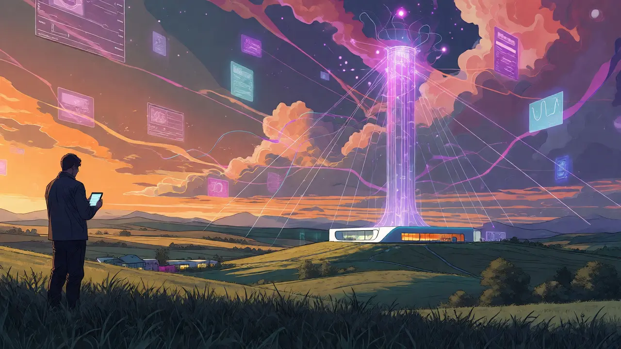 Postava na kopci před terapeutickým centrem s futuristickými 5G paprsky