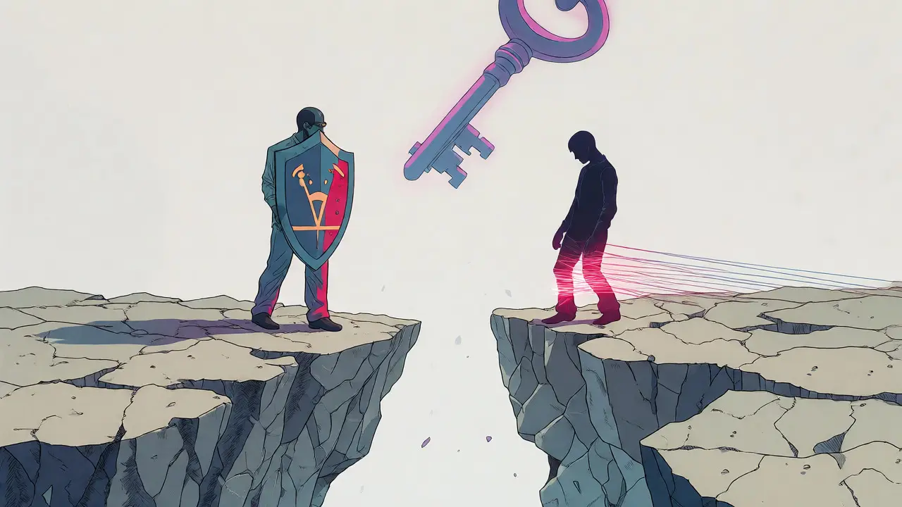 Postava s štítem moci a druhá postava váhající nad propastí strachu v komiksové ilustraci.
