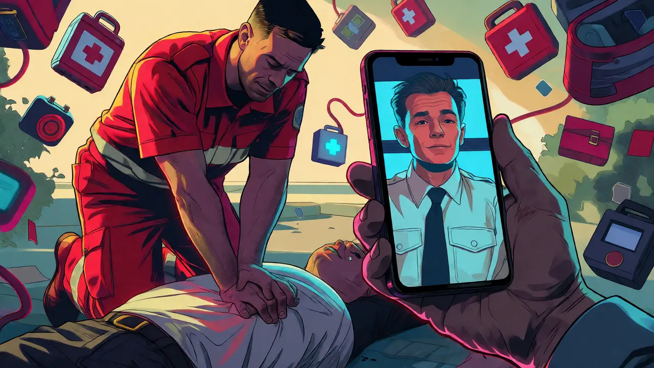 Záchranář provádí první pomoc s videoporadenstvím přes chytrý telefon